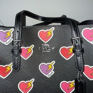 Coach Black Leather Tote with Pink & Purple Heart Lightning Motifs
